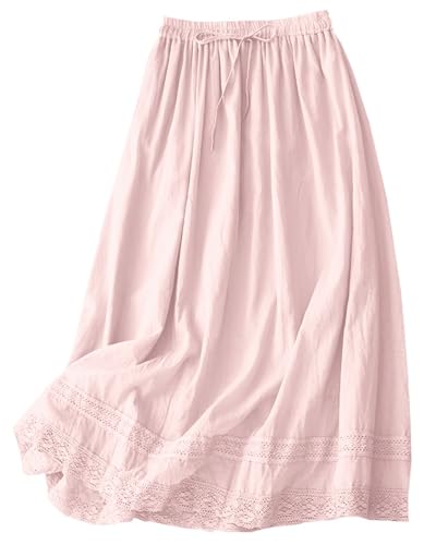 SANGTREE Women Cotton Linen Midi Lace Trim Skirts,Light Pink,Small