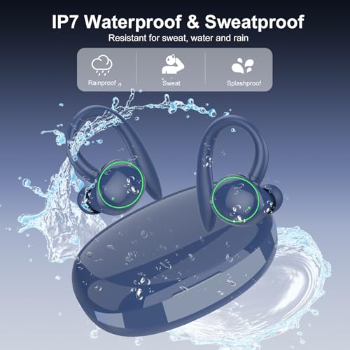 Image of PEFUPEW Wireless Earbuds, Bluetooth 5.4 Headphones Sport, Over Ear Buds with ENC Noise Cancelling Mic, 48H, Wireless Earphone with Earhooks, Stereo Deep Bass, IP7 Waterproof for Workout Running, Blue