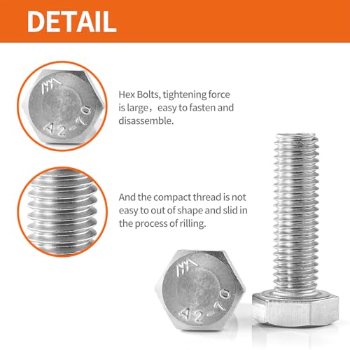 Image of M4 x 20mm 25mm 30mm 35mm 40mm Heavy Duty Hexagon Bolts Hex Head Screws, 304 Stainless Steel, Metric Machine Fully Threaded, Bright Finish, Assortment Kit 50PCS