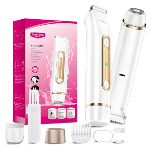 Image of Bikini Trimmer for Women, 2-in-1 Painless Electric Razor for Body and Pubic Hair, IPX7 Waterproof Shaver with Dual Heads - Rechargeable Lady Trimmer for Bikini, Underarm, and Leg (White)
