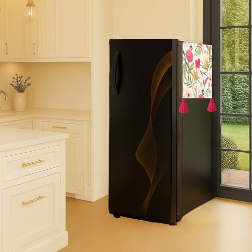 Image of WWW.THROWPILLOW.IN Fridge Top Cover for Single Door 100-250L | Fits Haier Samsung LG Godrej | 450 GSM Dustproof Fridge Cover Mat With Corner Tassels| Floral Print | Single Door Refrigerator Cover