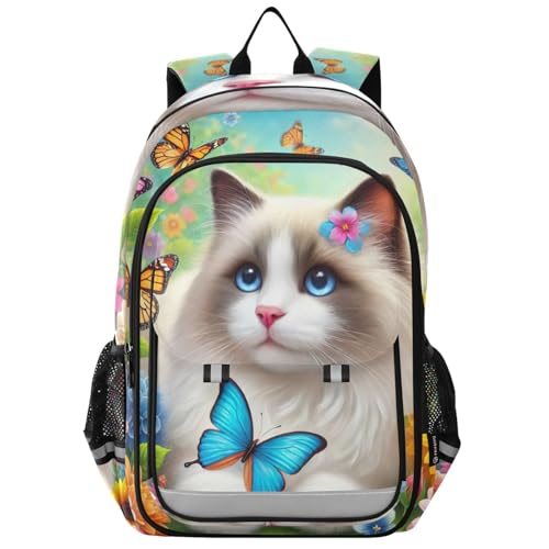 Backpack for School Boys Girls, Cute Ragdoll Cat Floral Large Girls Backpack with Chest Strap, 6-12 Y School Bag with Front Flap, 17 Inch