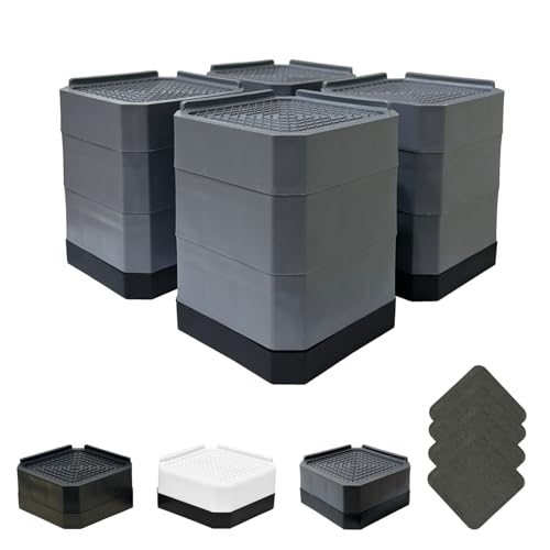 AKINOYAMA 洗濯機用防振かさ上げ台 高さ調節 防振ゴム付き 高さ調整 机 継ぎ脚 ベッド・テーブルの高さ調節 テーブル 脚 騒音軽減 滑り止め 家具に傷防止 耐荷重約2000kg 取り外し可能 自由に組合わせる 1セット4個入り 洗濯機置き台 (グレー, 10.6cm三段)