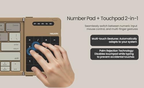 Image of Nilkin Upgraded Foldable Bluetooth Keyboard with Touchpad & Number Pad, Portable Wireless Keyboard for Travel, Pocket-Sized, Full Size Keys, Support 3 Devices for iPad Laptop Tablets Phone, (Khaki)