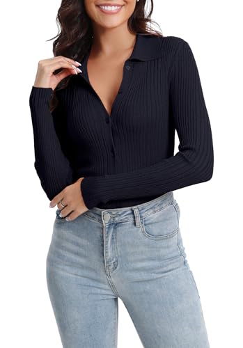 Urban CoCo Women's Long Sleeve Button Up Sweater Polo Shirt Collared Knit Cardigan Sweaters2