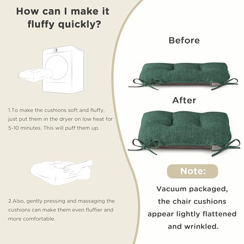 Image of AddGrace Chair Cushions for Dining Chairs Set of 1 Kitchen Seat Cushions with Ties and Non Slip Backing Tufted Indoor Seat Pad for Kitchen Dining Room 18 inch x 17 inch x 3 inch Dark Green