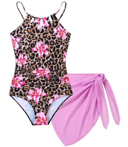 Image of Girls Swimsuit One-Piece Bathing Suit with Mesh Cover Ups Adjustable Straps Cut Out Swimwear Size 7-16