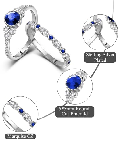 Created Round Cut Sapphire Wedding Rings Set For Women, Marquise CZ Engagement Rings For Women, Rhodium-Plated Copper Blue CZ Promise Ring, Simulated Diamond Anniversary Rings for Size 6-102