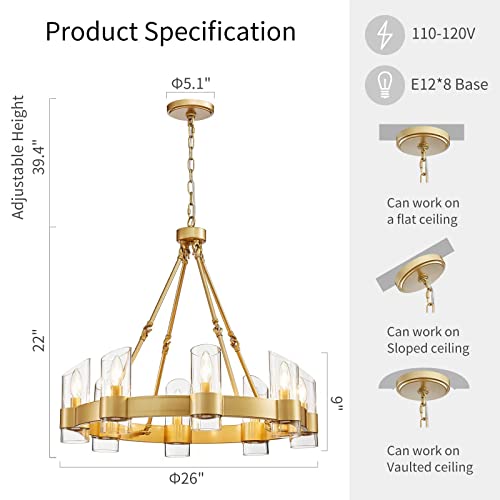 Image of WUZUPS Wagon Wheel Chandelier 8-Light with Clear Glass Industrial Modern Farmhouse Round Light Fixture for Dining Room Kithen Island Foyer, Width 26 inch Height 22 inch, Gold
