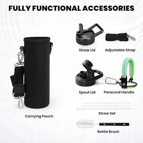 Image of RAYMYLO Insulated Water Bottle 24 oz, Triple Wall Vacuum Stainless Steel (Cold for 24Hrs, Hot for 12Hrs), Leak Proof & Non-BPA, Modern Water Flask Jug with Paracord Handle & Straw Spout Lids