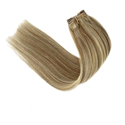 Image of Clip in Hair Extensions Human Hair Light Blonde Mix Golden Blonde Highlights Real Human Hair Extension 12Inch 7pcs 70g Straight Silky Blonde Clip ins for Women