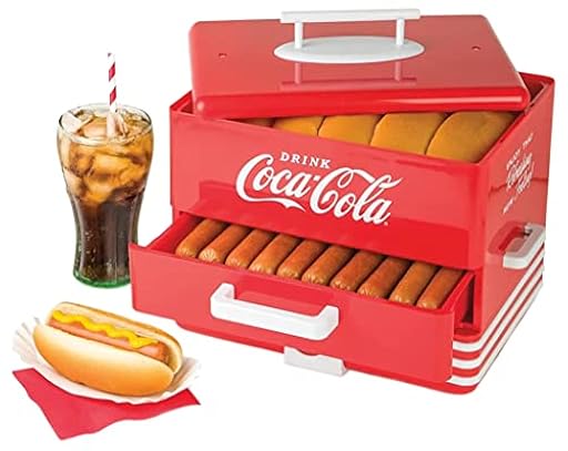 Salco Coca-Cola Hot Dog Maker - Vaporera y calentador de panecillos estilo comedor, 24 salchichas y capacidad para 12 panecillos, salchichas, verduras, pescado, albóndigas | Ya disponible en tu tienda friki favorita! En mundofriki.es!