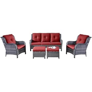 Outdoor Patio Wicker Furniture Set – 5 Piece Rattan Patio Conversation Sectional Sofa Set with 1 Couch,2 Armchairs,2 Ottomans for Porch Deck Garden(Mixed Grey/Red)