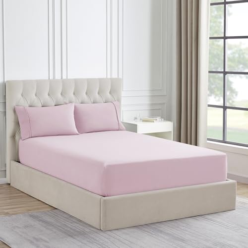 Queen Flannel Fitted Sheet Only with Full Elastic & Built in Corner Sheet Straps to Prevent Shifting - Soft & Breathable Flannel Bottom Sheet Queen Pale Pink