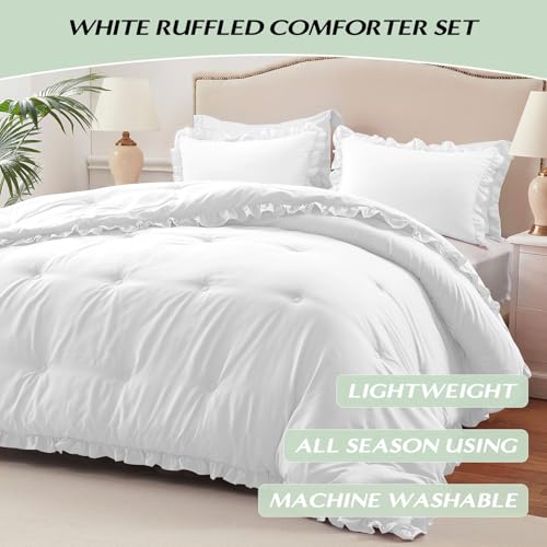 Image of HARBOREST Queen Comforter Set White - Ruffle Comforter for Queen Size Bed, Fluffy Queen Size Comforter Set for All Seasons, 3 Pieces(1 Comforter & 2 Pillow Shams)