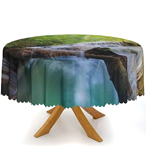 Waterfall Theme Round Tablecloth,60 Inch,Waterproof Fabric,Durable Reusable Table Clothes,Wipeable Spill Proof Wrinkle Resistant For Kitchen Dining Dinner Shower Parties,Pale Green Turquoise Brown #TOP1