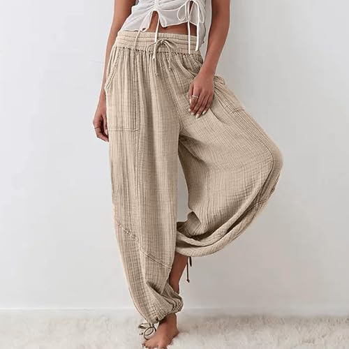 utcoco Womens Casual Loose Fit Wide Leg Cotton Pants Drawstring Stitching Baggy Pants Trousers with Pockets4