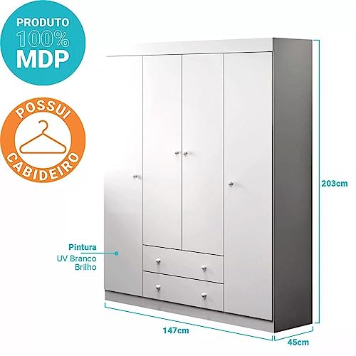 Guarda Roupa Infantil 4 Portas 2 Gavetas Helena Phoenix Baby Branco