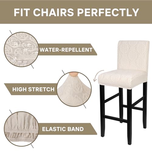 Image of SearchI Water Repellent Bar Stool Covers Set of 4, Stretch Washable Barstool Seat Covers, Counter Height Chair Covers for Kitchen Dining Room Cafe (Beige Flower Jacquard)