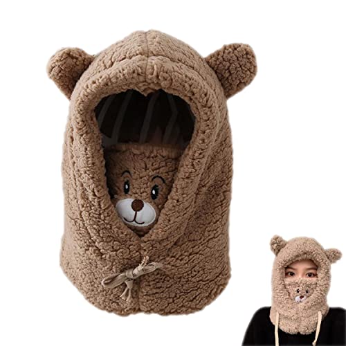 Warm Plush Bear Hat with Face Protection, Winter Cute Bear Ear Warm Hat Women Plush Hats Windproof Warm Scarf One-Piece Hat (Brown)