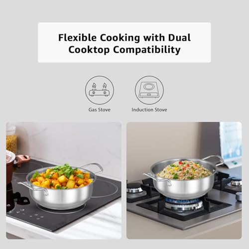 Image of Amazon Brand Solimo - Stainless Steel Induction Bottom Kadhai with Glass Lid 22 Cm