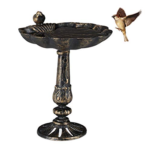 Relaxdays Abreuvoir Oiseaux, Fonte de Fer, décoration Jardins, Style Antique, mangeoire sur Pied, 40 cm de Haut, bronzé