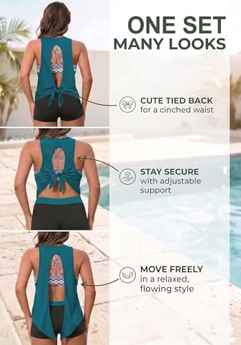 Image of Aqua Eve 3 Piece Tankini Swimsuit for Women Tank Bathing Suit with Shorts Open Back Athletic Swimwear
