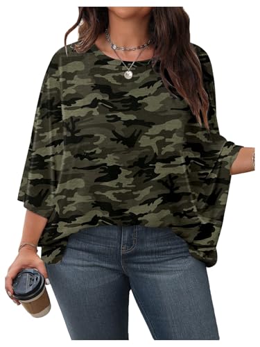 SOLY HUX Women's Plus Size Camo T Shirt Crewneck 3/4 Sleeve