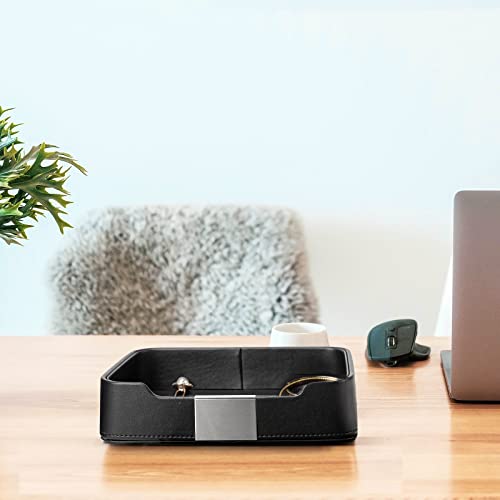 Image of SANZIE Luxury Leather Tray Organizer Valet Tray Key Tray for Entryway Table Desktop Storage Catchall Tray Decorative Tray for Jewelry Keys Wallet Phone Watch (Metal Silvered, Black)