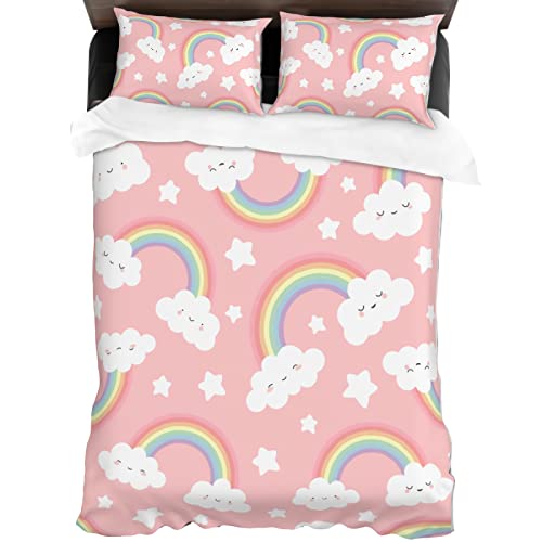 Damngud Colorful Rainbow Bedding Set Cute Rainbow Pattern Duvet Cover Twin Size, Cartoon Rainbow Clouds Decor Comforter Cover Soft Microfiber Bedspreads Quilt Cover With Zipper,2 Pillow Shams #TOP1