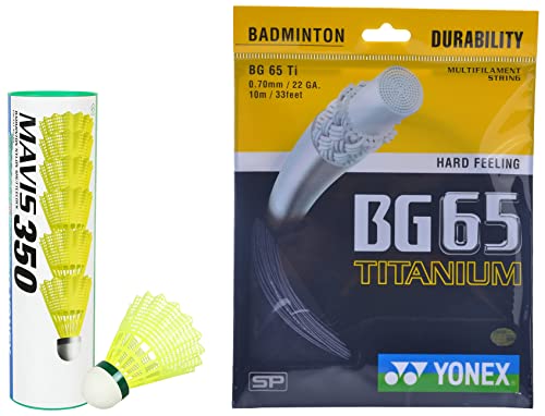 Image of Yonex Mavis 350 Green Cap Nylon Shuttlecock (Yellow)&Yonex BG 65 Titanium Badminton Strings, 0.70mm (Black)