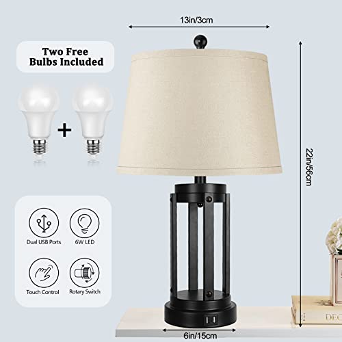 Table Lamps Set Of 2 With Usb Ports, 3-Way Dimmable Farmhouse Touch Lamps, Bedside Lamp For Bedroom With Ac Outlet, Modern Black Nightstand Lamps Desk Lamp For Living Room Reading, Bulbs Included #TOP3