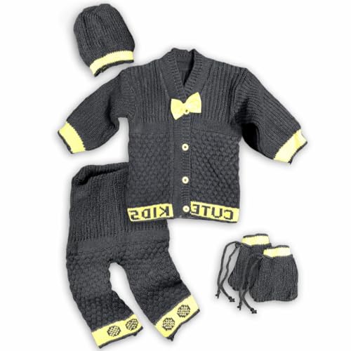 Image of Baby Unisex New Born Baby Boys Girls Soft Comfortable Trendy Woolen Round Neck Stripe Sweater Set with Payjami, Cap and Pair of Booties for Toddlers