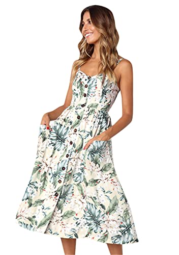 Image of YMING Womens Summer Spaghetti Strap Dresses Button Down Floral Sundress High Waist Swing Midi Dress with Pockets