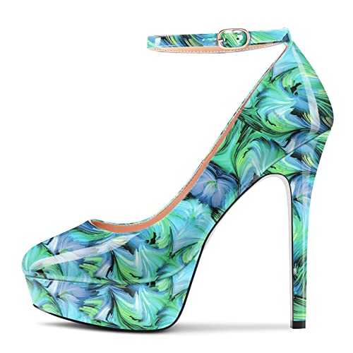 Aachcol Women Platform Pumps Close Round Toe Ankle Strap Slip-on Stiletto High Heel Dress Shoes Pumps Party Wedding Patent 5 Inch2