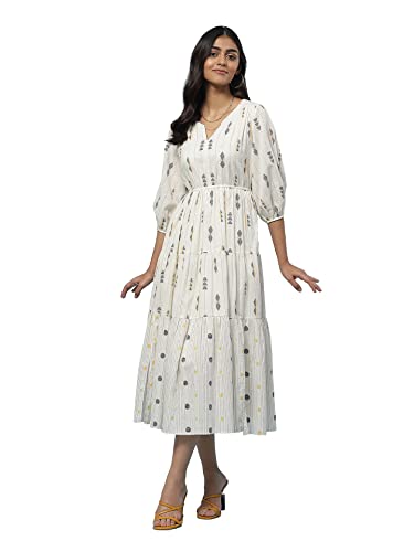 Image of Aarke Ritu Kumar Off White Yarn Dyed Tiered Long Dress