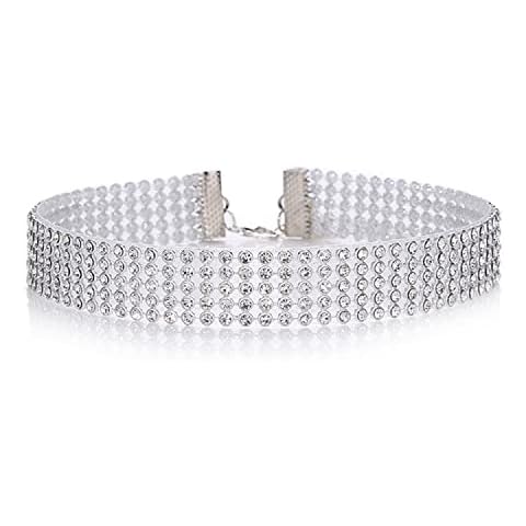 Rhinestone Choker Necklace Wide Crystal Choker Necklace 5Row-8Row Diamond Collar Jewelry Silver Plated for Women Girls (Wihte-5-Row) Cover