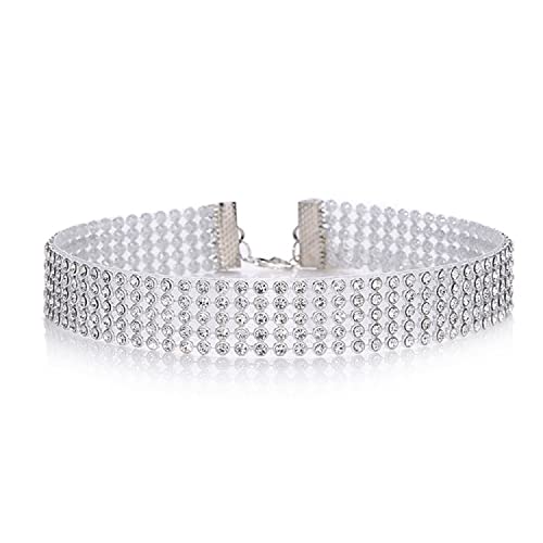 Gargantilla de diamantes de imitación collar de gargantilla de cristal ancho collar de diamantes de 5 filas-8 filas joyería chapada en plata para mujeres y niñas (Blanco-5-filas) Cover