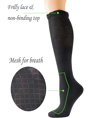 Yomandamor 4 Pairs Womens Diabetic Bamboo Rayon Knee-Hi Seamless Socks Black Long Lace Non-binding Sock,9-112