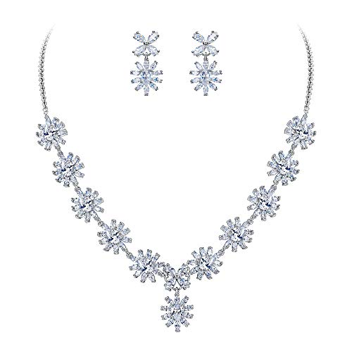 EleQueen Women's Silver-tone Cubic Zirconia Teardrop Snowflake Flower Bridal Necklace Earrings Set Clear