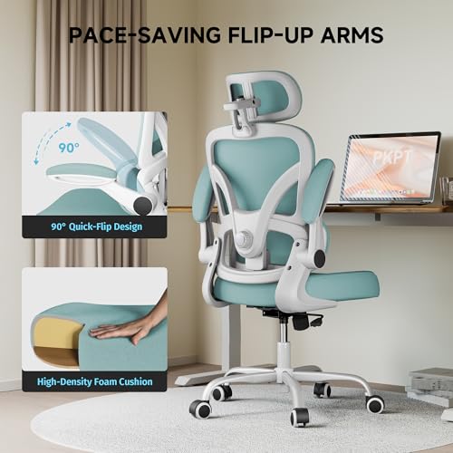PKPT Ergonomic Office Chair, 330LBS Desk Chair with 3-Level Lumbar Support & Headrest, Breathable Mesh Backrest, Flip-Up Armrests for Home Office and Gaming, Blue by PKPT - Used condition - Image 7