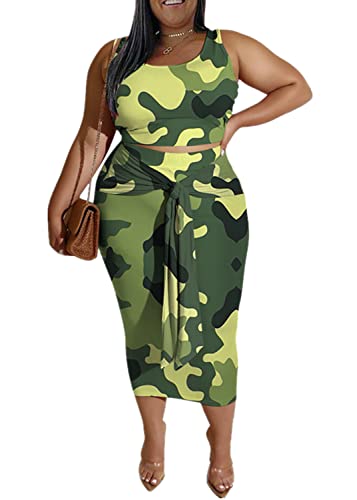 Image of Plus Size Women 2 Piece Outfits Sets Sexy Tracksuit Midi Dress,Sleeveless Tank Top Bodycon Skirts Set Casual Summer