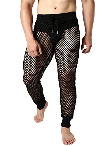 JOGAL Men's Mesh Fishnet See Through Pants Stretchy Muscle Leggings