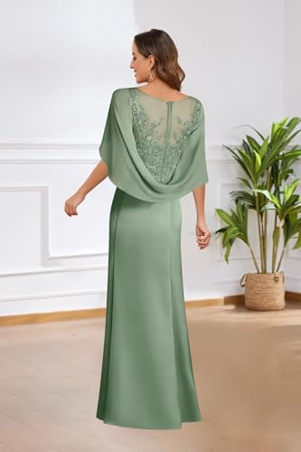 Women's Cape Sleeve Mother of The Bride Dresses Long Lace Satin Formal Dress for Wedding2