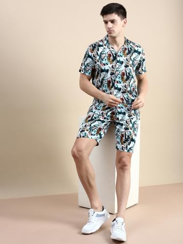 Image of SHOWOFFFF Men Printed Two-Piece Co Ords | Cuban Collar Half Sleeves Cotton Co-Ords for Mens | Mid-Rise Relaxed Fit Regular Length Co-Ord for Men's