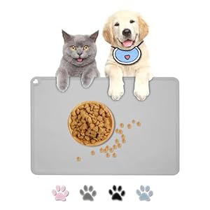 Cat Food Mat, Cat Placemats for Food and Water, Dog Bowl Mat, Silicone Pet Feeding Mats, Dog Food Mat for Floors Waterproof Non-Slip Dog Food Tray Pad, Pet Placemat for Cats with Pet Bib (Grey)