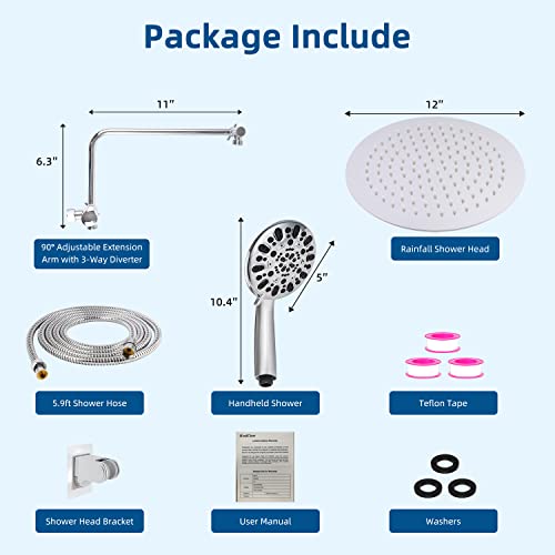 12” High Pressure Rainfall Shower Head, Metal Waterfall Showerhead With Handheld Combo, 12'' Adjustable Shower Extension Arm, Adhesive Showerhead Holder, Extra Long Hose, Chrome #TOP6