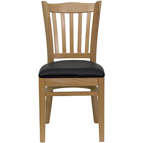 Image of Flash Furniture 4 Pk. HERCULES Series Vertical Slat Back Natural Wood Restaurant Chair - Black Vinyl Seat