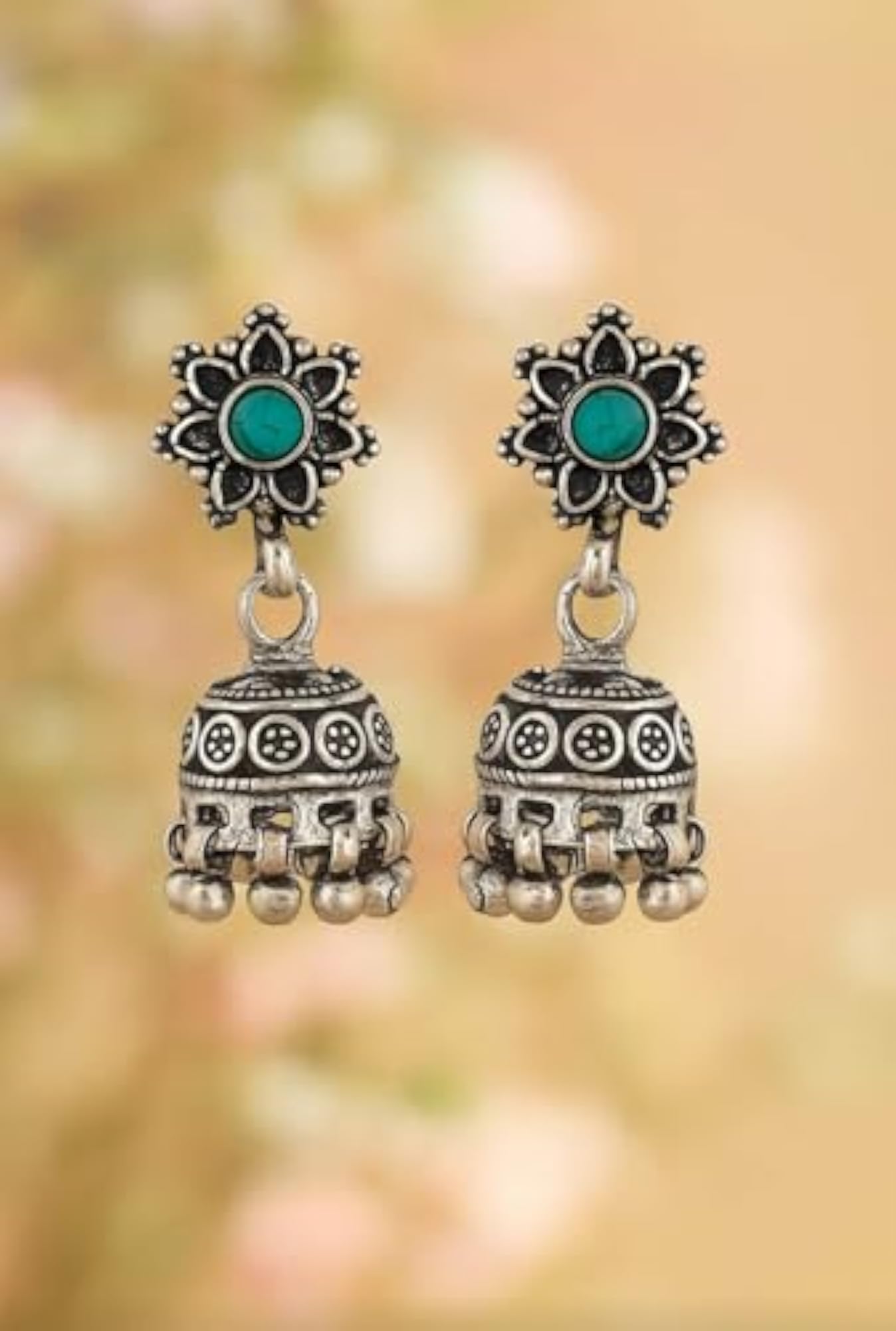 Women's Antique Silver Oxidized Floral Jhumki Earrings