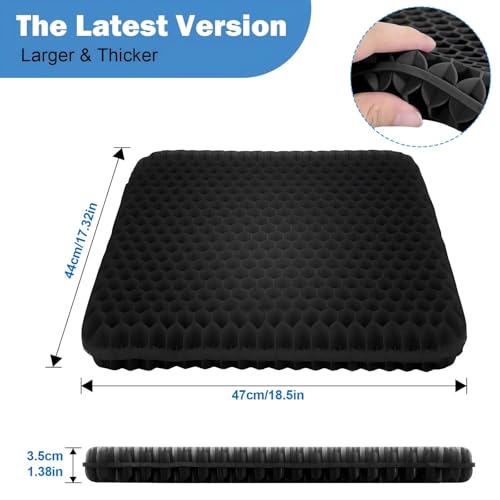 Extra großes Gelkissen, doppellagiges, verdicktes orthopädisches Sitzkissen mit rutschfester Stoffhülle. Atmungsaktives Stuhlkissen, geeignet für Bürostühle, Rollstühle und Autositze（47*44*3.5)